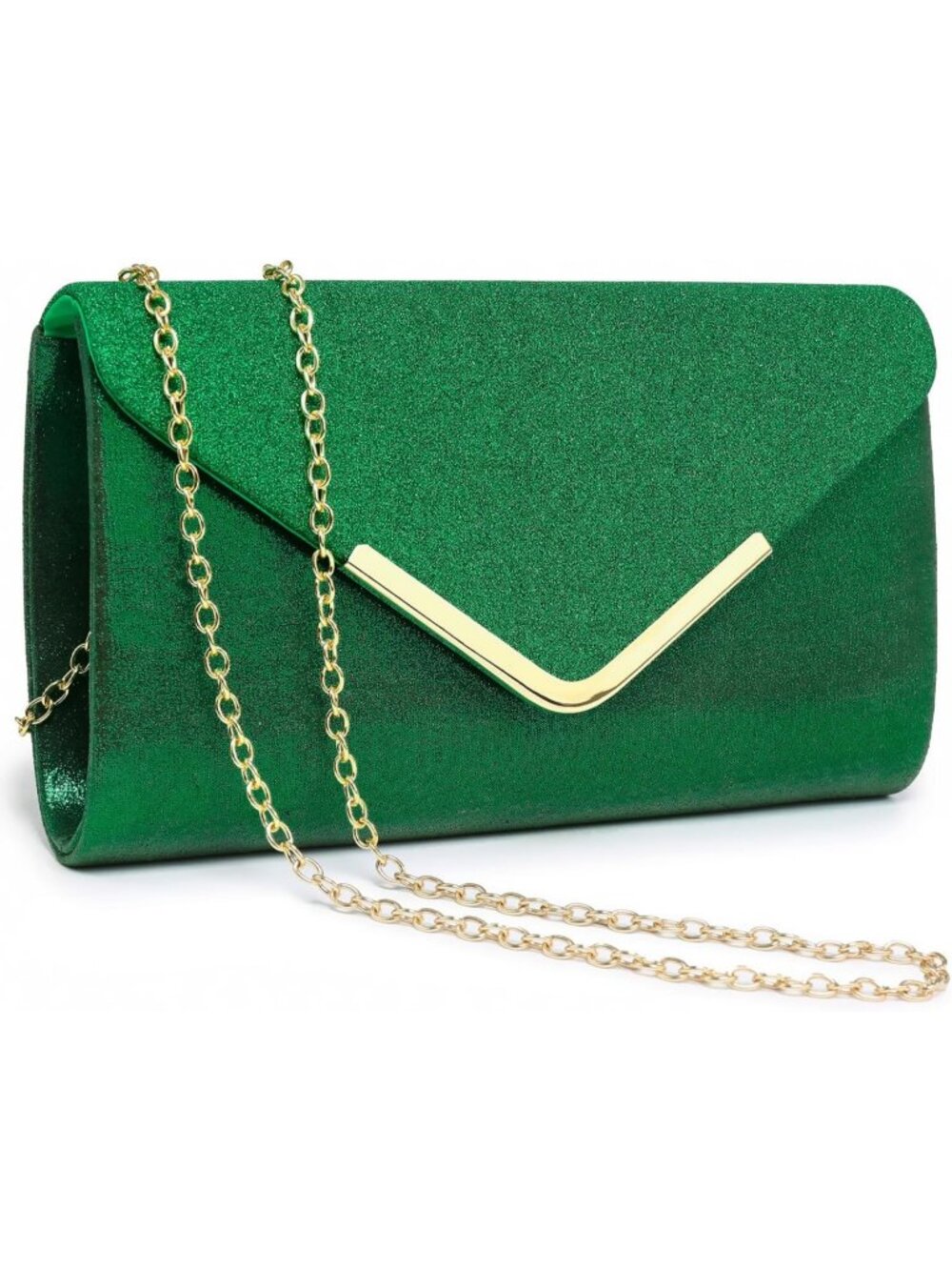 Women Green With Gold Tone Strap and Glitter Flap Handbags Formal Clutch Purses